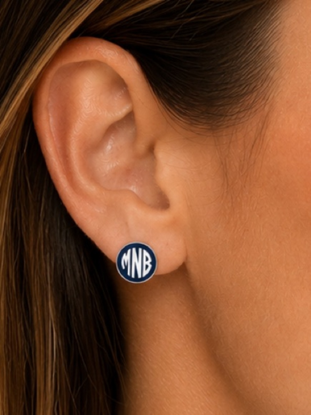 Navy & White MNB Monogram Round Stud Earrings Preppy Personalized Style